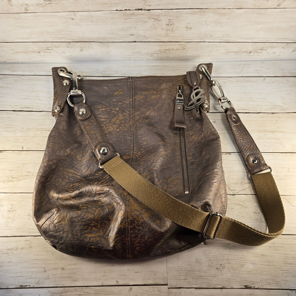 B Makowsky Metallic Bronze Leather‎ Hobo Bag Crossbody Leopard Print Lining